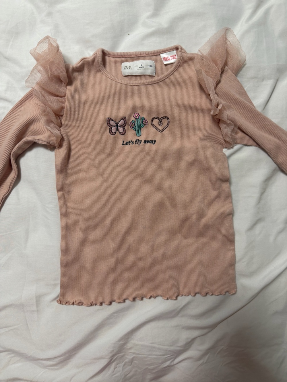 Zara Pink Ribbed Long-Sleeve Top with Tulle Ruffles NEVER WORN.
